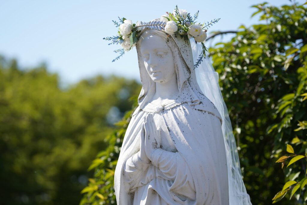 A statue of Mary is seen following a May crowning prayer service for second graders at St. Patrick School in Smithtown, May 17, 2021.