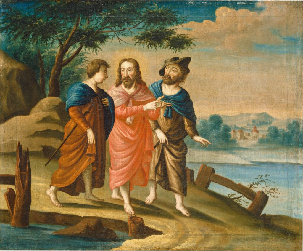 This is an American 18th century painting entitled "Christ on the Road to Emmaus," c, 1725/1730.