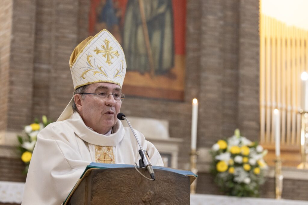French Cardinal Christophe Pierre, apostolic nuncio to the United States, gives his homily while celebrating Mass in Rome April 21, 2024, to formally take possession of his titular church, the Church of St. Benedict Outside St. Paul's Gate.