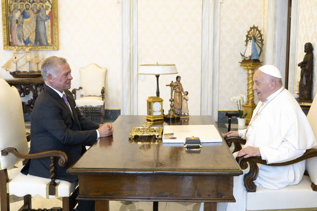 Pope Francis holds a private meeting with King Abdullah II of Jordan in the library of the Apostolic Palace at the Vatican May 2, 2024.