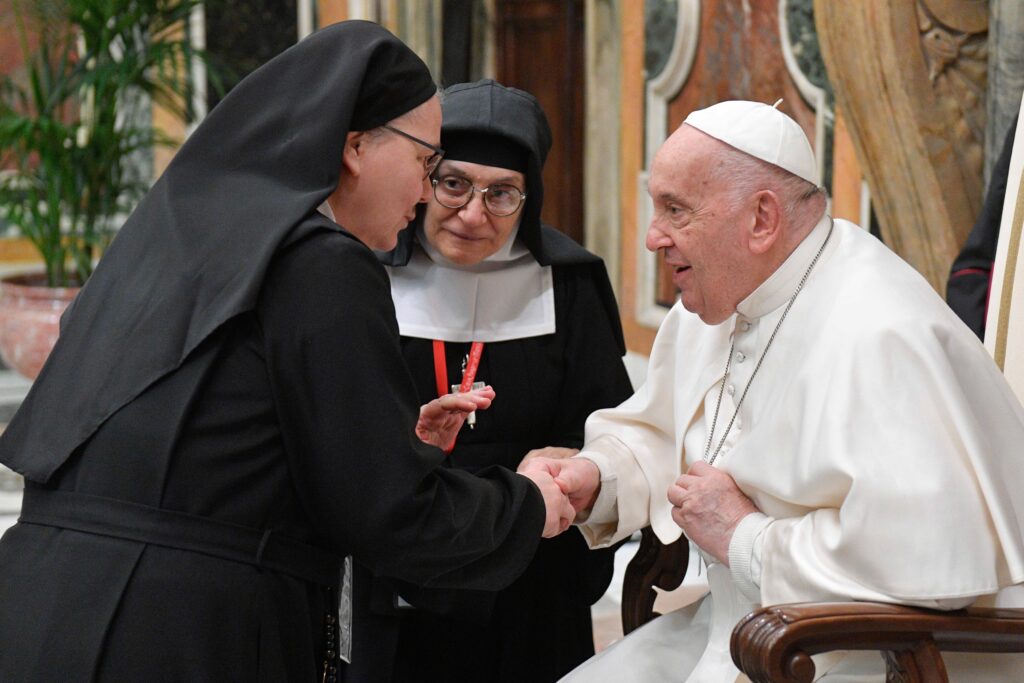 Pope Francis greets religious sisters during a meeting with participants in a conference on "Repairing the Irreparable" to mark the 350th anniversary of the apparitions of Jesus to St. Margaret Mary Alacoque at the Vatican May 4, 2024.