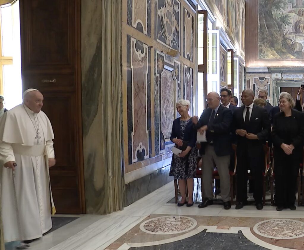 Pope Francis arrives for an audience with people taking part in a conference on human fraternity at the Vatican May 11, 2024.