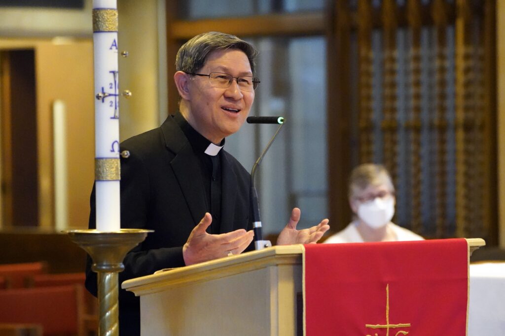 Cardinal Luis Antonio Tagle, prefect of the Congregation for the Evangelization of Peoples, speaks during a mission sending ceremony at the Maryknoll Society Center in Maryknoll, N.Y., June 3, 2022. Pope Francis announced May 18, 2024, that he will send Cardinal Tagle as his special envoy to the National Eucharistic Congress in Indianapolis July 17-21.