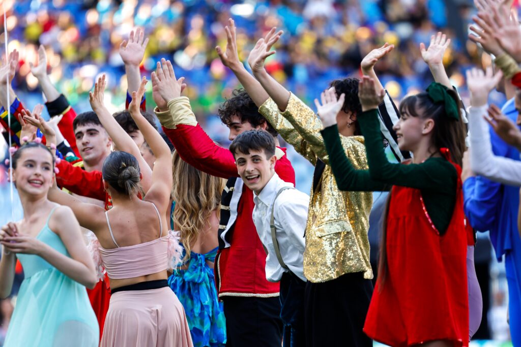 Young people and children perform during the celebration of the first World Children's Day at the Olympic Stadium in Rome, Italy, May 25, 2024.