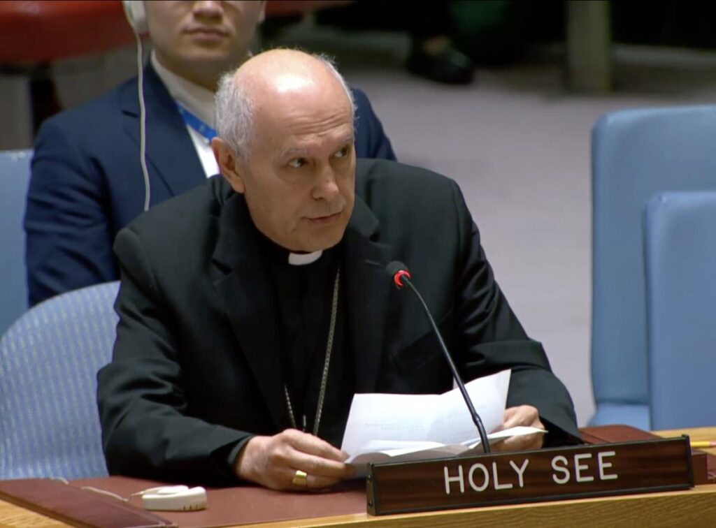 Archbishop Gabriele Caccia, the Vatican's permanent observer to the United Nations, speaks at the United Nations Security Council Open Debate on Protection of Civilians In Armed Conflict, May 22, 2024.