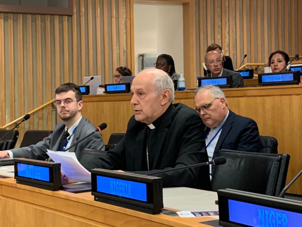 Archbishop Gabriele Caccia, the Vatican's permanent observer to the United Nations, speaks to the 14th session of the Open-Ended Working Group on Aging, May 20, 2024.