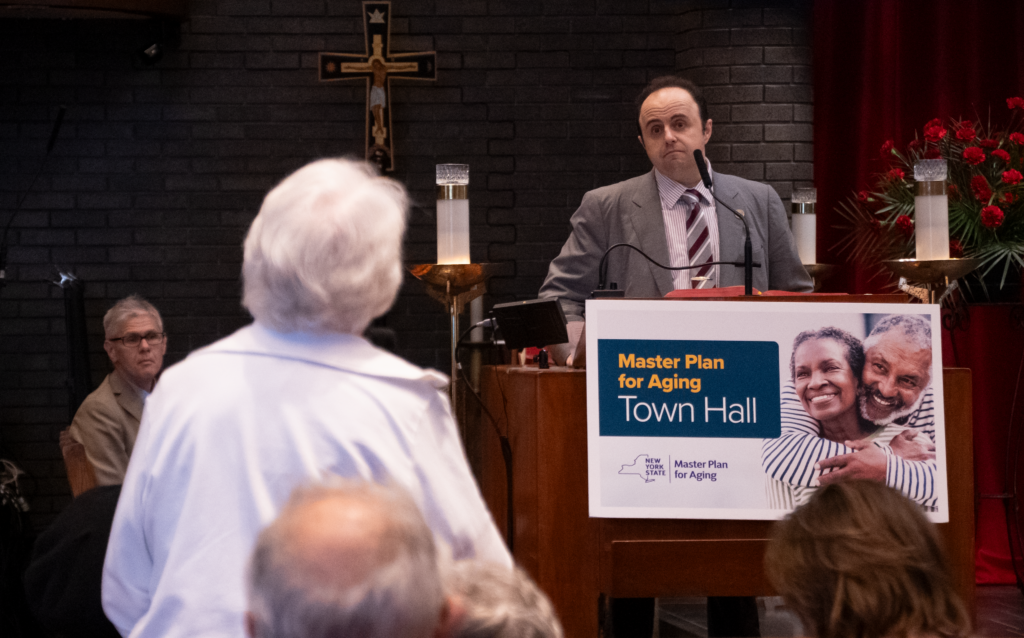 Andrew Lebwohl, director of the Center for the Master Plan for Aging, takes questions and comments during the Master Plan for Aging Town Hall at Church of the Epiphany on 2nd Avenue in Manhattan, May 22, 2024.