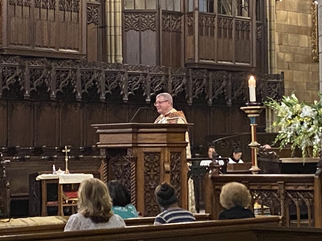 Archdiocese of New York Auxiliary Bishop Gerardo Colacicco speaks at the Church of St. Vincent Ferrer in Manhattan, during a stop on the National Eucharistic Pilgrimage, May 25, 2024.