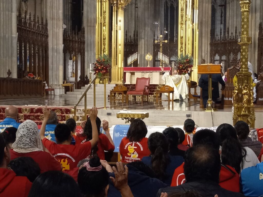 Adoration of the Blessed Sacrament during the Pentecost Vigil at St. Patrick's Cathedral, Saturday, May 18, 2024.