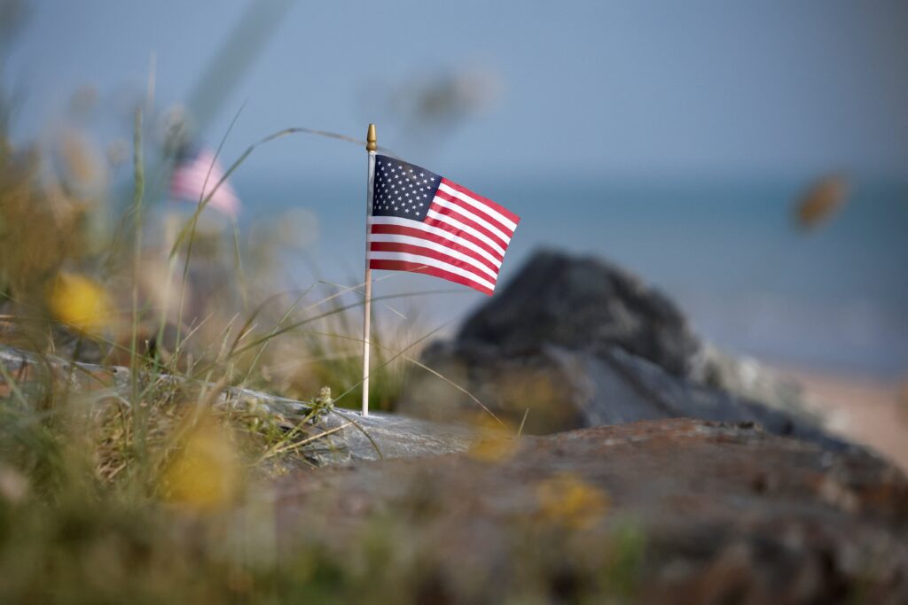 A U.S. flag is pictured at Omaha Beach June 4, 2024, two days ahead of the 80th anniversary of the 1944 D-Day landings in Saint-Laurent-sur-Mer in France's Normandy region.