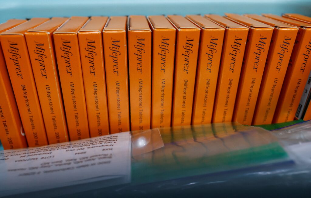 Boxes of Mifepristone, the first pill in a medical abortion, are seen at Alamo Women's Clinic in Carbondale, Illinois, April 20, 2023.