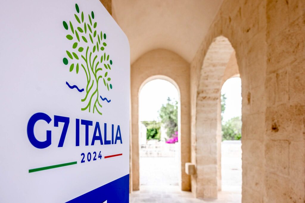 A sign is seen at the G7 Summit in Borgo Egnazia, Italy, June 13, 2024. The June 13-15 summit will focus on global economic governance, international security and energy policy.