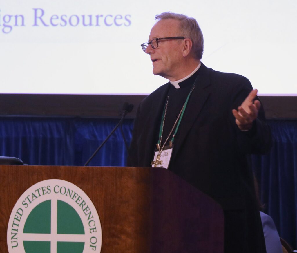 Bishop Robert E. Barron of Winona-Rochester, Minn., speaks June 13, 2024, at the U.S. Conference of Catholic Bishops' Spring Plenary Assembly in Louisville, Kentucky.