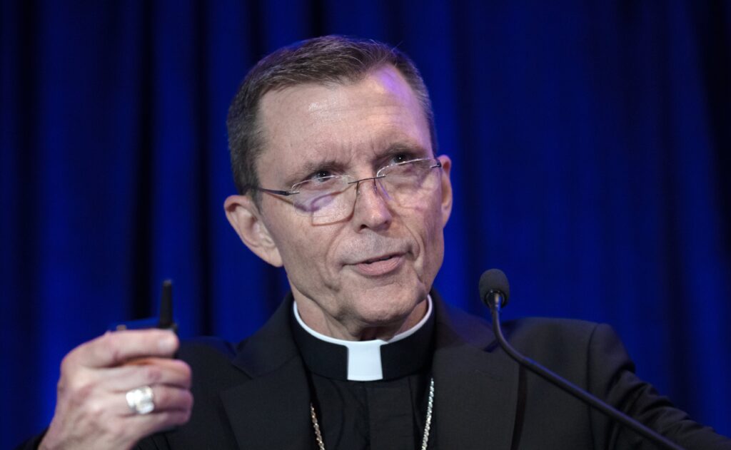 Auxiliary Bishop Robert P. Reed of Boston, chair of the U.S. Conference of Catholic Bishops' Committee on Communications, gives the keynote address June 19, 2024, during the Catholic Media Conference in Atlanta.