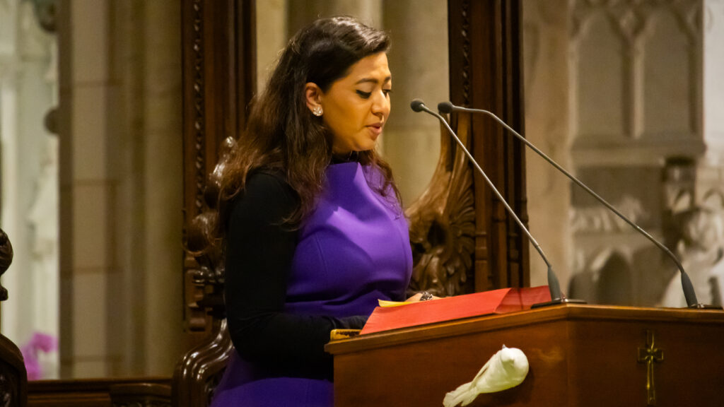 Joerose Tharakan serves as lector during the April Young Adult Mass at St. Patrick’s Cathedral.