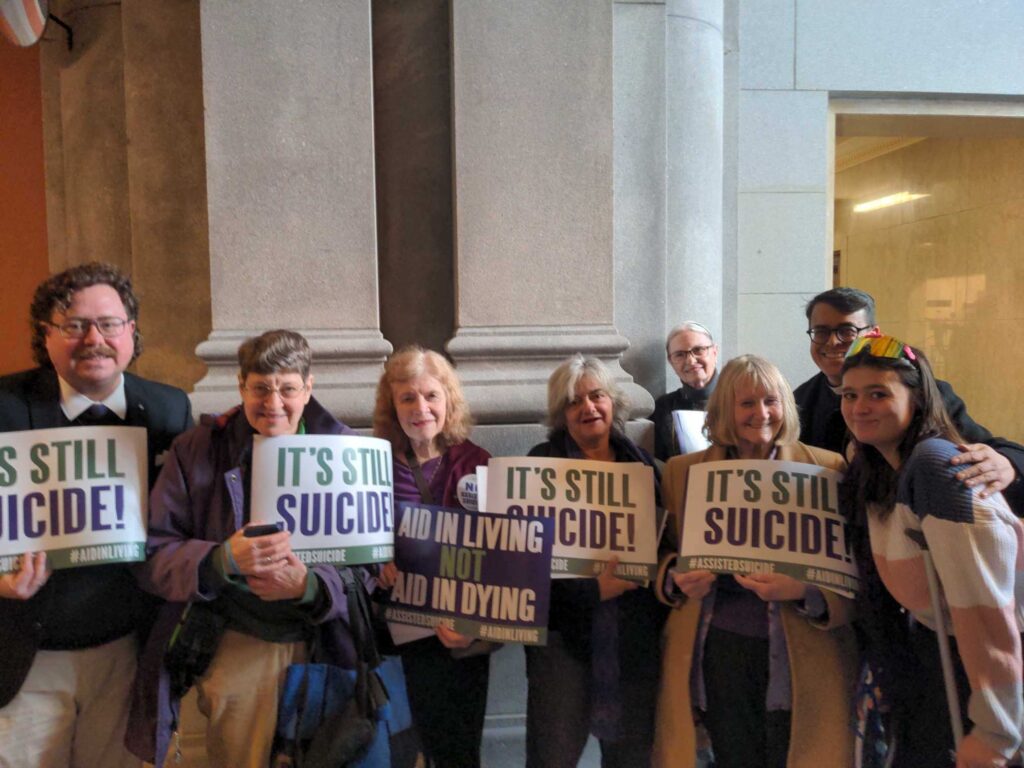 Members and supporters of the Ulster Deanery Respect Life Committee appear at the New York State Alliance Against Assisted Suicide rally at the Empire State Plaza in Albany on March 12, 2024.