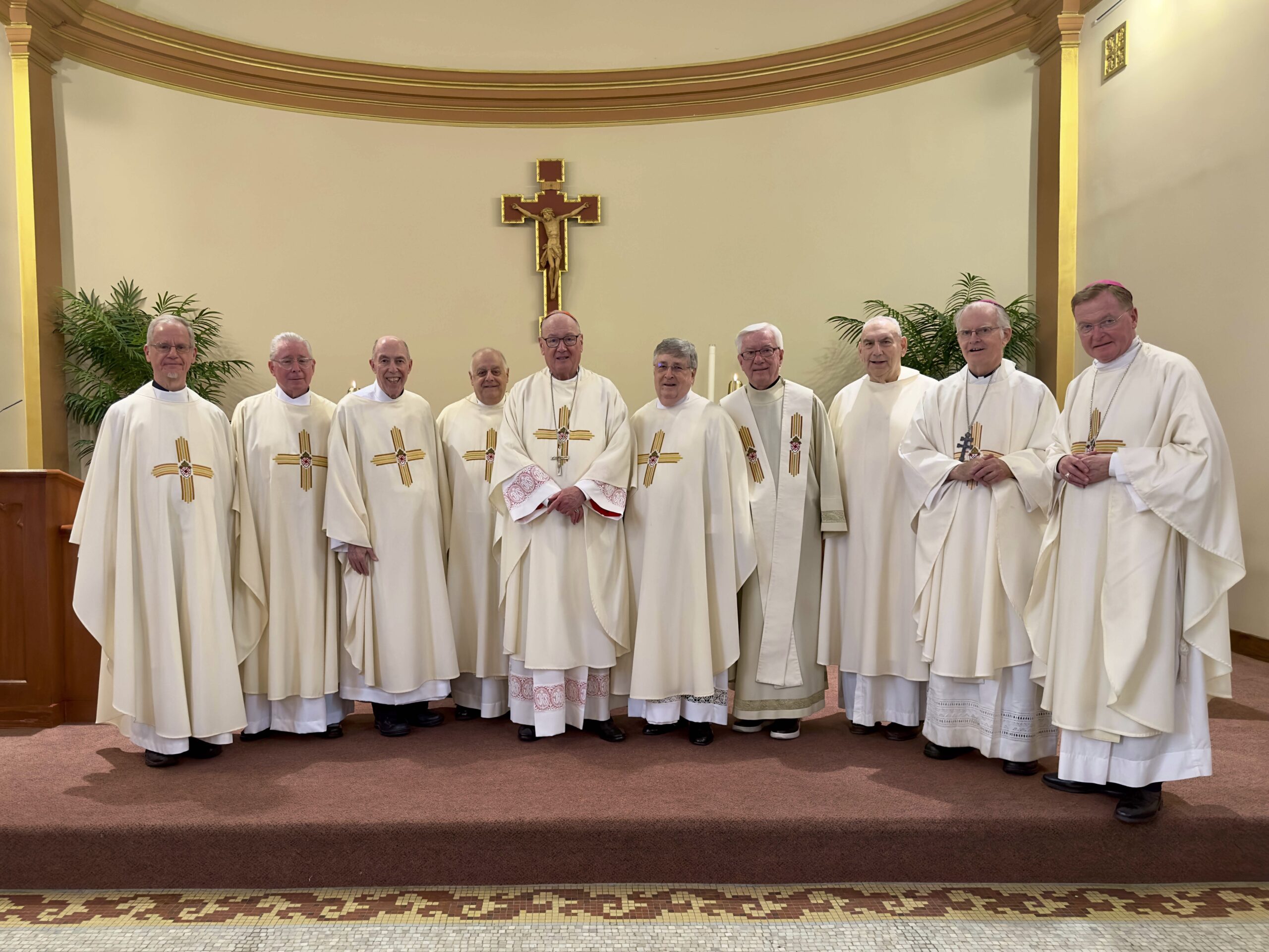Cardinal Timothy Dolan (center) celebrated Mass in the Main Chapel of the St. John Vianney Clergy Residence in Riverdale to mark the jubilees of priests who have reached 50 and 25 years of priestly service, respectively.