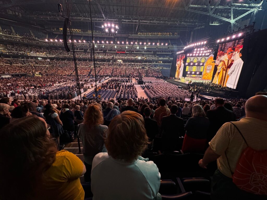 Participants in the National Eucharistic Congress gather for the final time at Lucas Oil Stadium, on July 21, 2024.