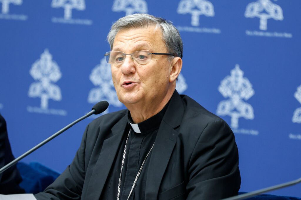 Cardinal Mario Grech, secretary-general of the synod, speaks during a news conference at the Vatican July 9, 2024, to present the working document for the second assembly of ongoing the Synod of Bishops.