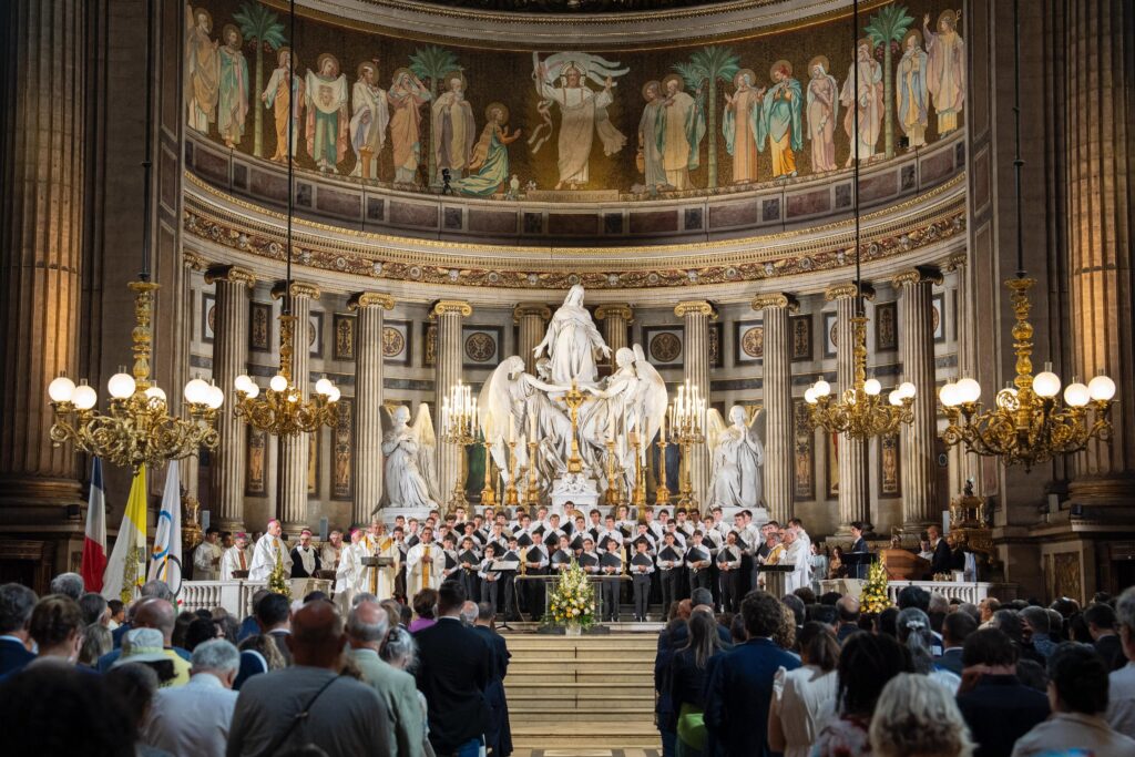 Archbishop Laurent Ulrich of Paris celebrates Mass July 19, 2024, in the iconic La Madeleine church in the heart of Paris to launch the Olympic truce in the presence of over a hundred diplomatic delegations, including one from the International Olympic Committee, led by IOC President Thomas Bach, and Paris Mayor Anne Hidalgo leading a delegation from City Hall.