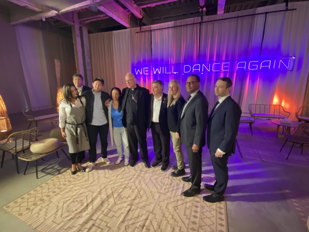 Cardinal Timothy Dolan (center left, in black), Rabbi Joseph Potasnik (center right), and Rev. Dr. A. R. Bernard, Sr. (second right) visit the Nova Music Festival Exhibition in downtown Manhattan, May 13, 2024.