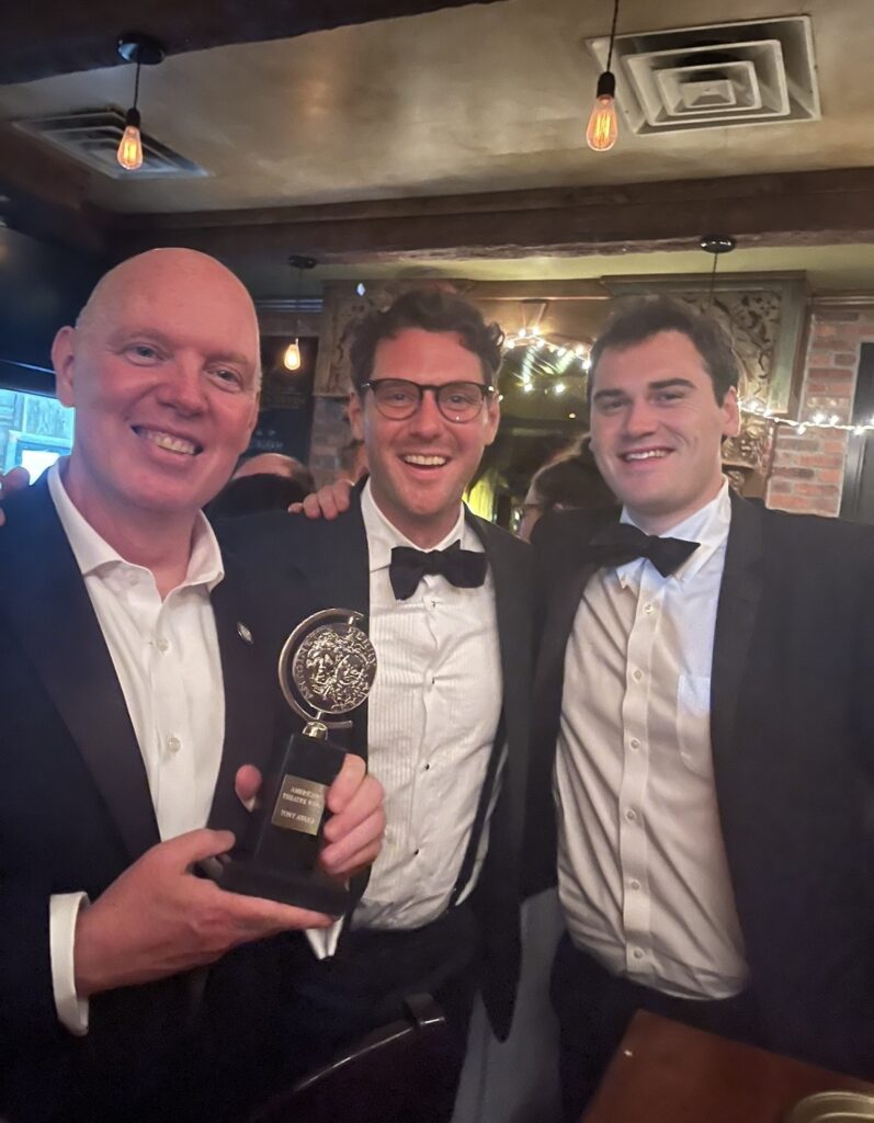 Sheen Board member and one of the producers of "The Outsiders" Kevin Ryan (left) holds the trophy he won for the Jacobs Theatre production after the 2024 Tony Awards, June 16, 2024.