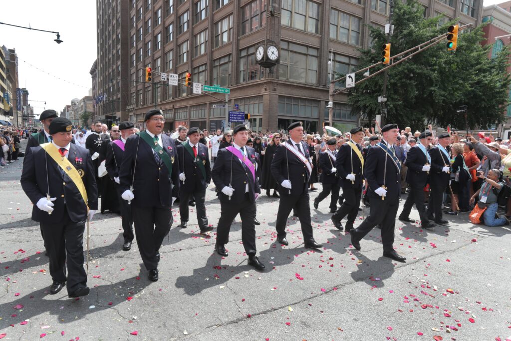 Members of the Knights of Columbus join the final Eucharistic procession of the National Eucharistic Congress in downtown Indianapolis July 20, 2024.