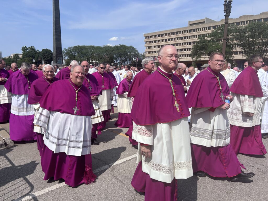 Bishops process during the National Eucharistic Congress procession in Indianapolis July 20, 2024.