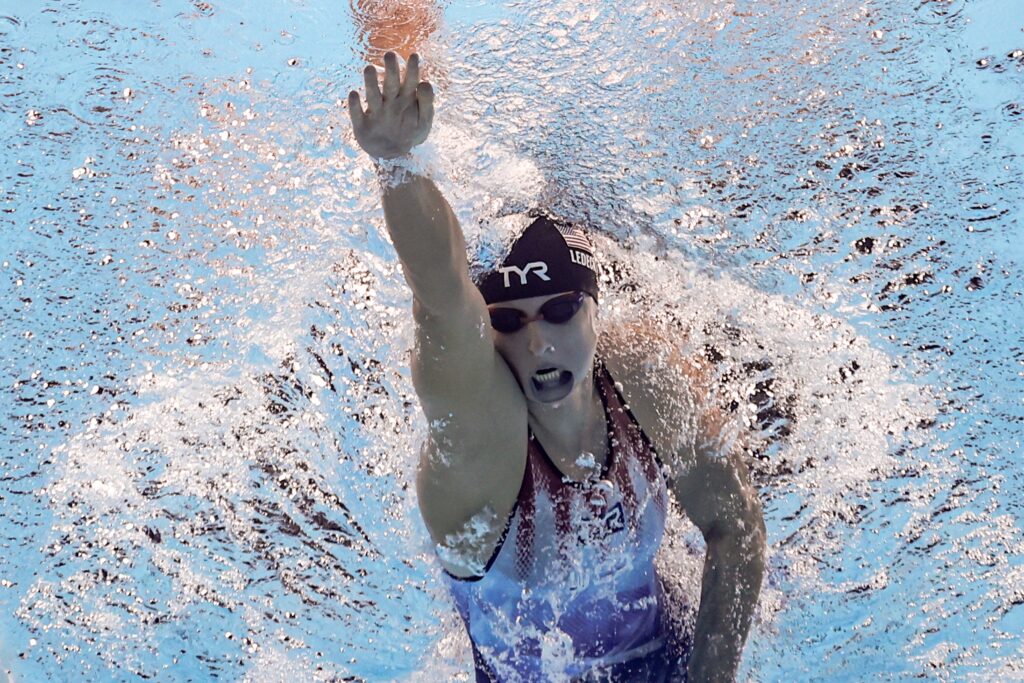 Katie Ledecky of United States competes in the women's 800-meter freestyle on August 3, 2024, at La Defense Arena during the Paris Olympics.