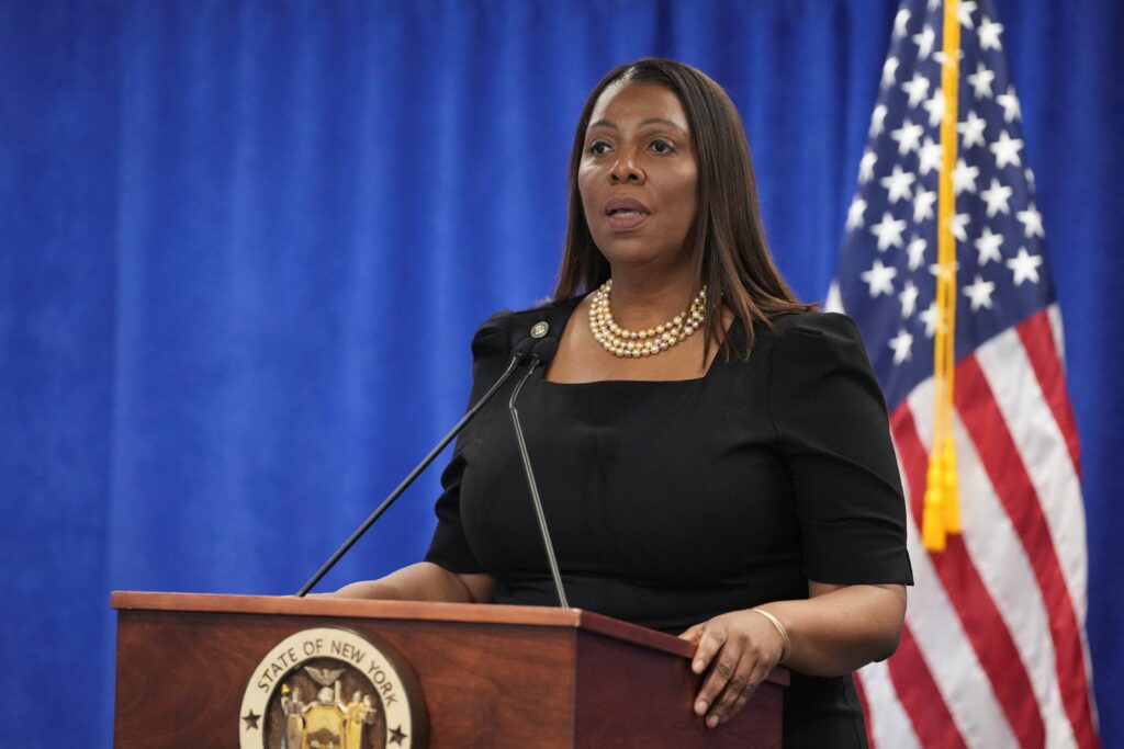 New York Attorney General Letitia James speaks during a February 16, 2024, press conference in the Manhattan borough of New York City.