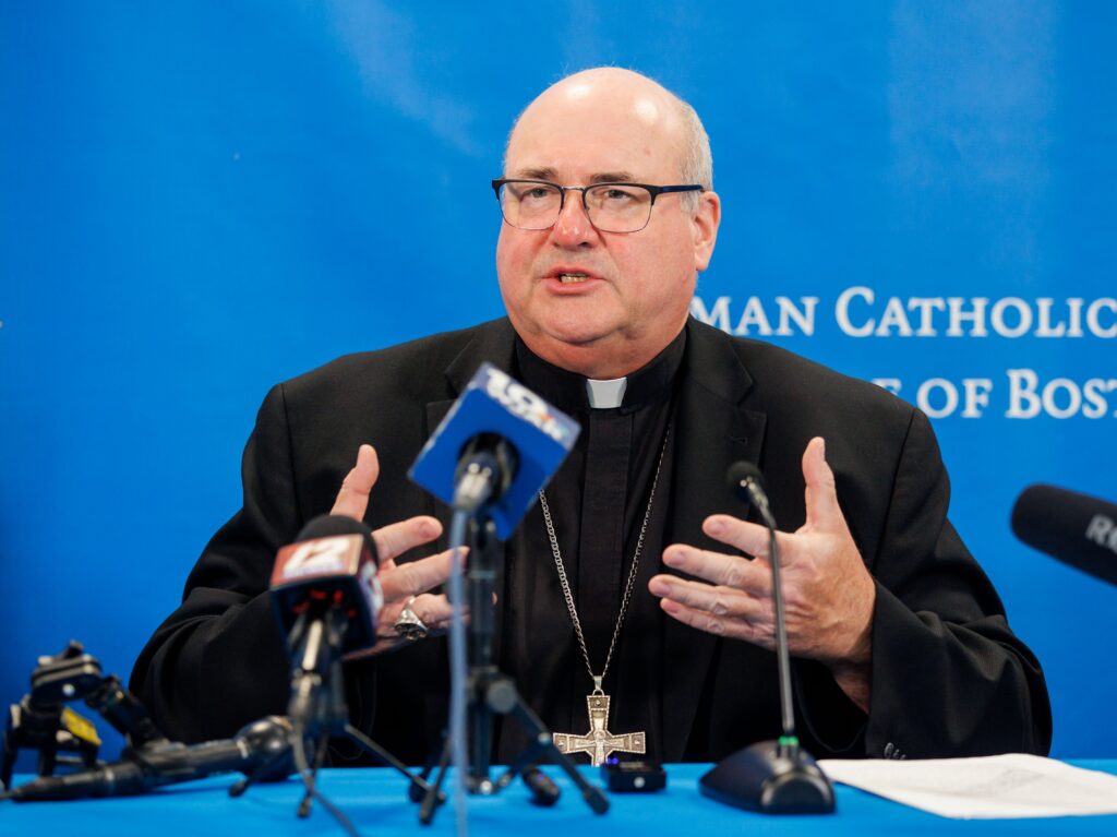 Archbishop Richard G. Henning speaks at press conference in the Archdiocese of Boston's Pastoral Center in Braintree, Massachusetts.
