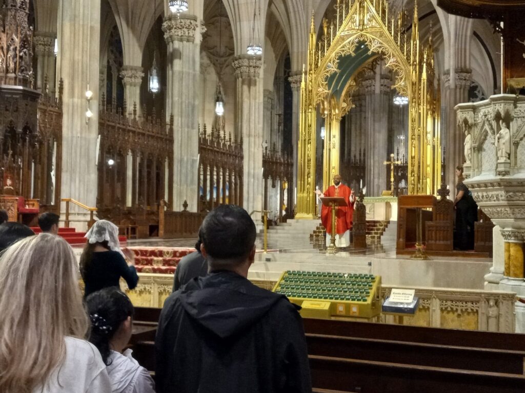 Father Kareem Smith leads the Prayer of the Faithful at the Young Adult Mass, held August 7, 2024, at St. Patrick's Cathedral.