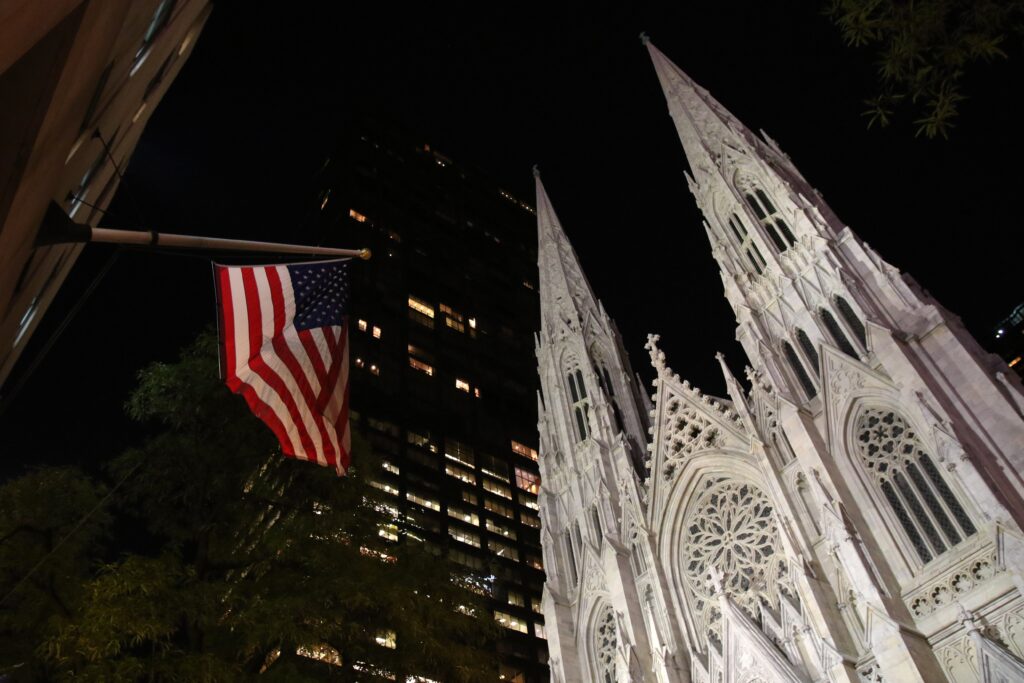 St. Patrick's Cathedral in New York City is seen in a nightime photo.*