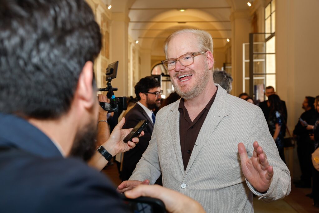 U.S. comedian and actor Jim Gaffigan speaks with reporters in the Lapidary Gallery of the Apostolic Palace, part of the Vatican Museums, after meeting Pope Francis during an audience June 14, 2024.