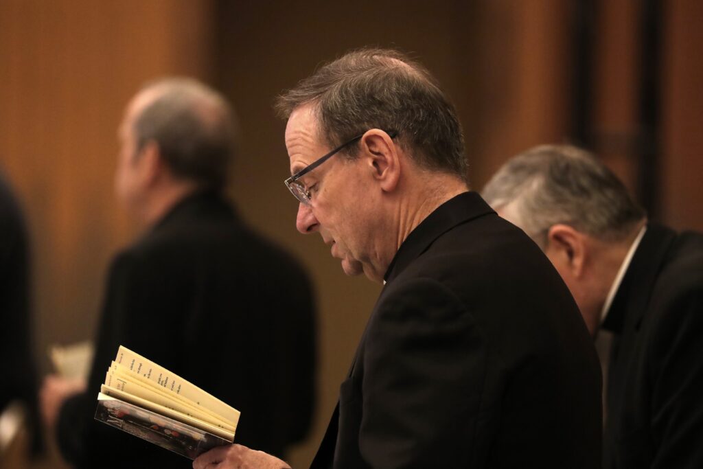 Bishop Michael F. Burbidge of Arlington, Virginia, chairman of the U.S. Catholic bishops' Committee on Pro-Life Activities, prays June 14, 2024, at the U.S. Conference of Catholic Bishops' Spring Plenary Assembly in Louisville, Kentucky.