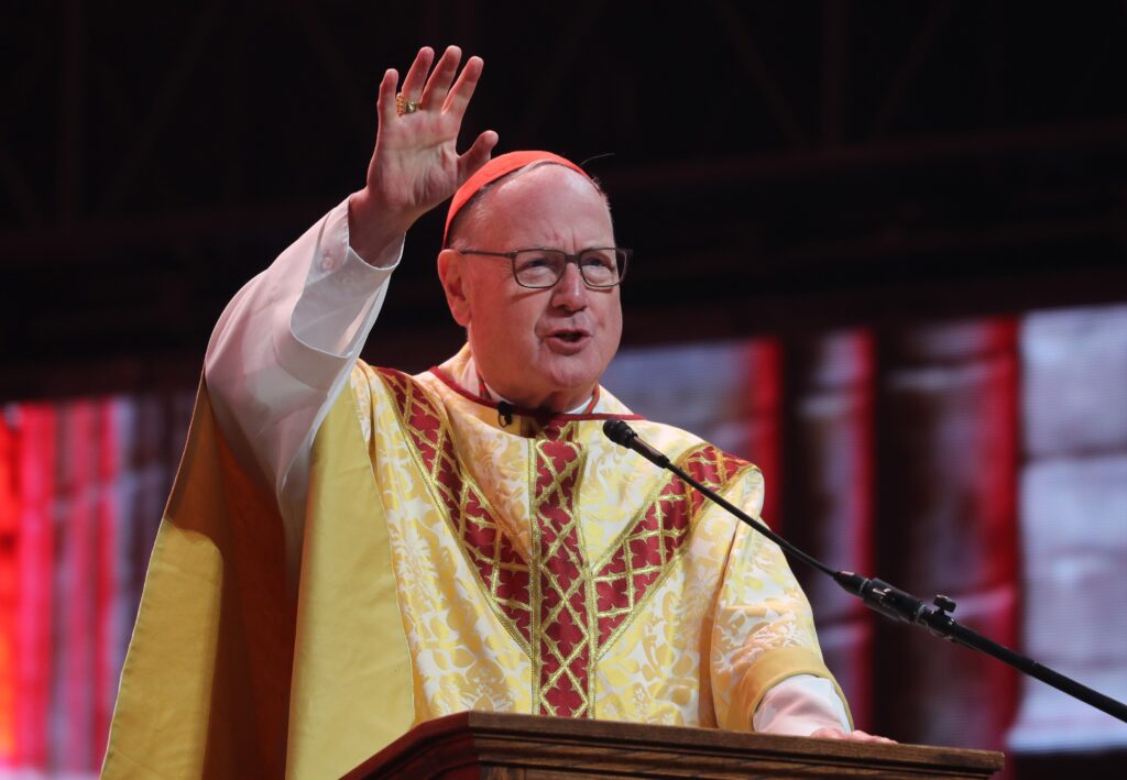 New York Cardinal Timothy M. Dolan delivers the homily as he celebrates morning Mass at Lucas Oil Stadium July 18, 2024, during the National Eucharistic Congress in Indianapolis.