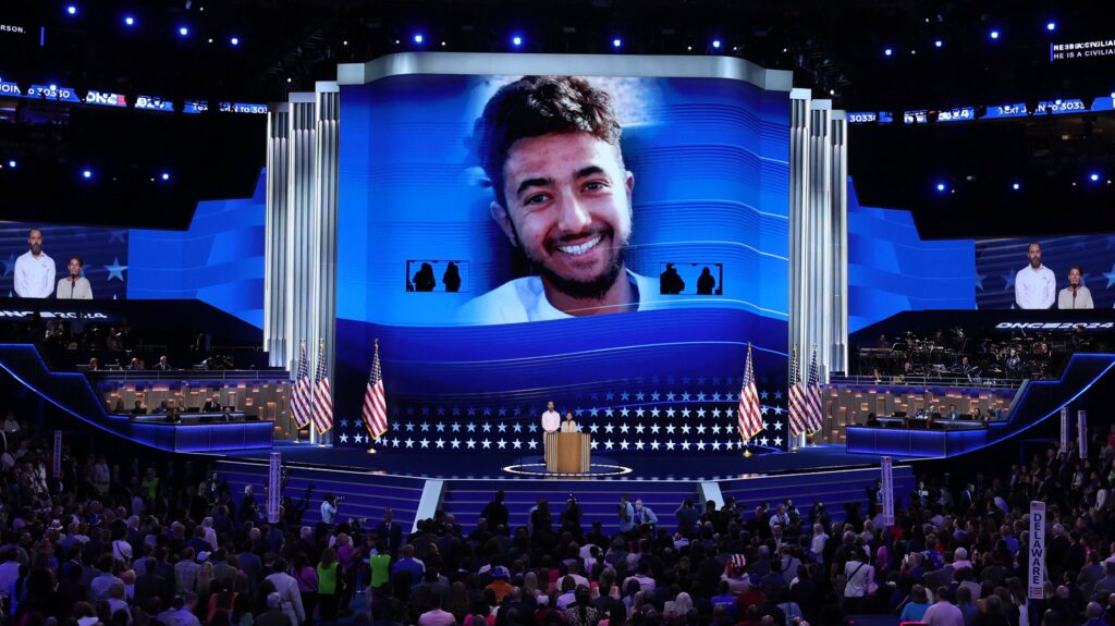 Jon Polin and Rachel Goldberg, parents of Hersh Goldberg-Polin who was being held hostage in the Gaza Strip for almost 11 months, took the stage on Day 3 of the Democratic National Convention in Chicago, Illinois, August 21, 2024.