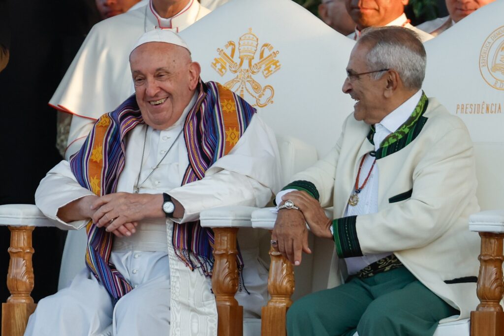 Pope Francis and President of Timor-Leste José Ramos-Horta share a laugh during a welcome ceremony at the presidential palace in Dili, Timor-Leste, September 9, 2024.