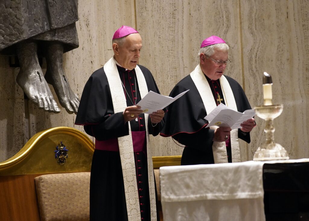 Archbishop Gabriele Caccia, left, the Vatican's permanent observer to the United Nations, and Bishop David J. Malloy of Rockford, Illinois, participate in an evening prayer service for U.N. diplomats at Holy Family Church in Manhattan on September 9, 2024.