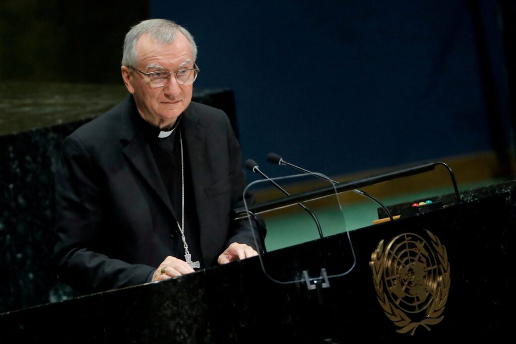 Cardinal Pietro Parolin, Vatican secretary of state, is seen September 28, 2019, addressing the 74th session of the General Assembly of the United Nations at the U.N. headquarters in New York. Cardinal Parolin addressed the Summit of the Future at the U.N. Sept. 23, 2024, and was scheduled to address the U.N. General Assembly September 28, 2024.