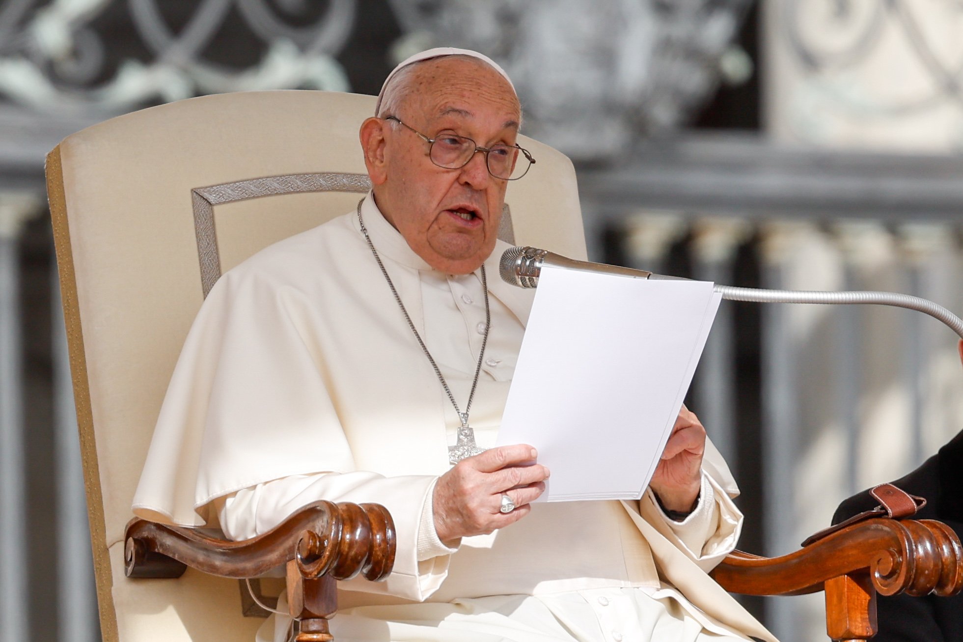 Pope Francis speaks during his general audience in St. Peter's Square at the Vatican on September 25, 2024.