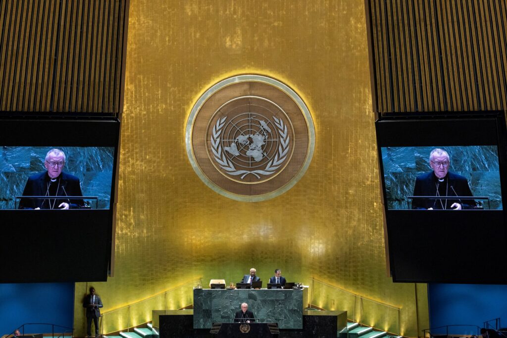 Secretary of State of the Holy See Cardinal Pietro Parolin addresses the 79th United Nations General Assembly at U.N. headquarters in New York September 28, 2024.