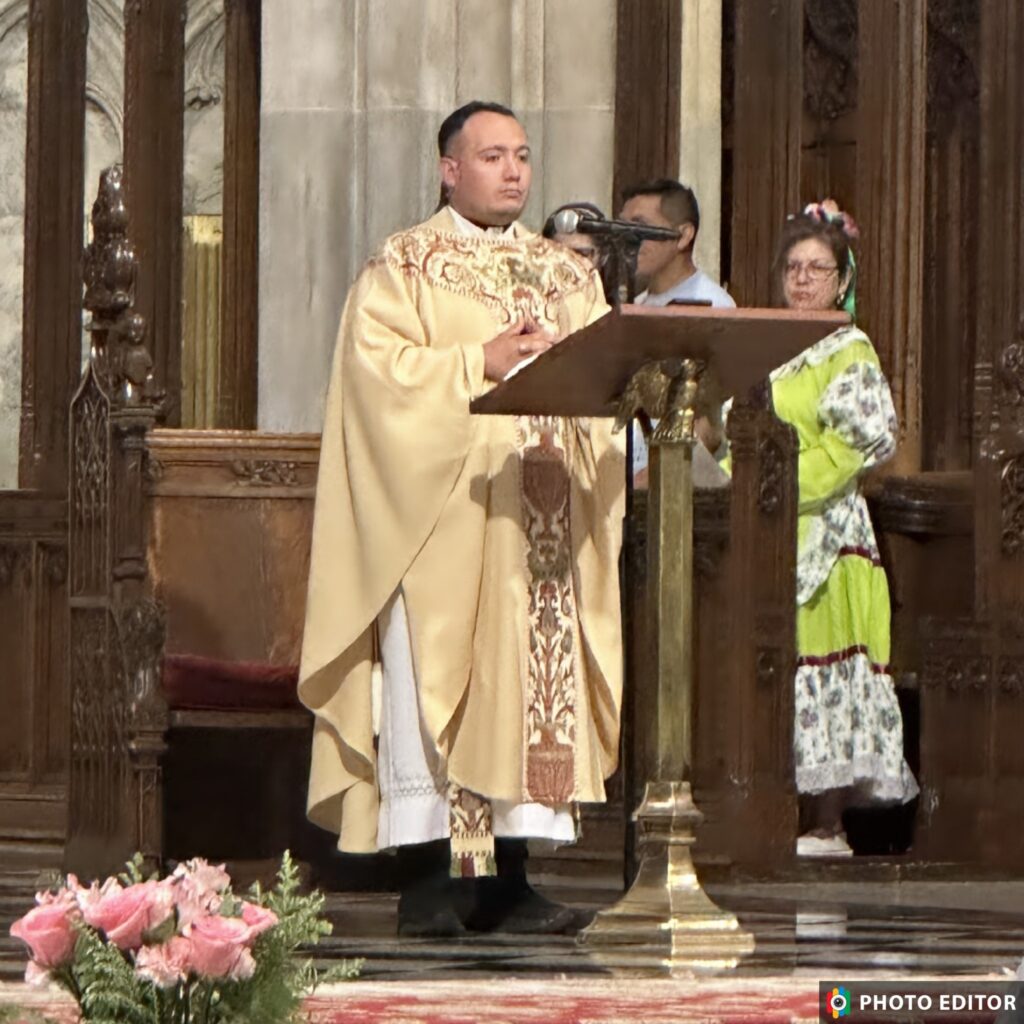 Father Carlos E. Blanco Albarracin prays during the Mass of the Divine Child Jesus at St. Patrick's Cathedral, a Colombian tradition, held Sunday, September 8, 2024.