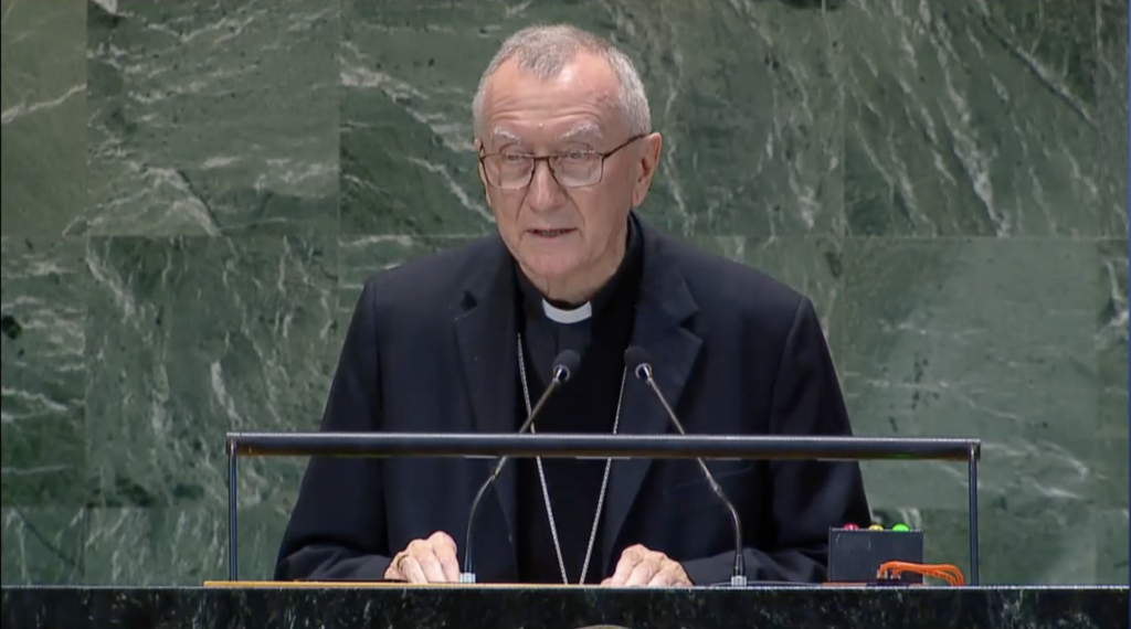 His Eminence Cardinal Pietro Parolin, H.E. Cardinal Pietro Parolin, Secretary of State of the Holy See, speaking at the Summit of the Future at United Nations headquarters in Manhattan, September 23, 2024.