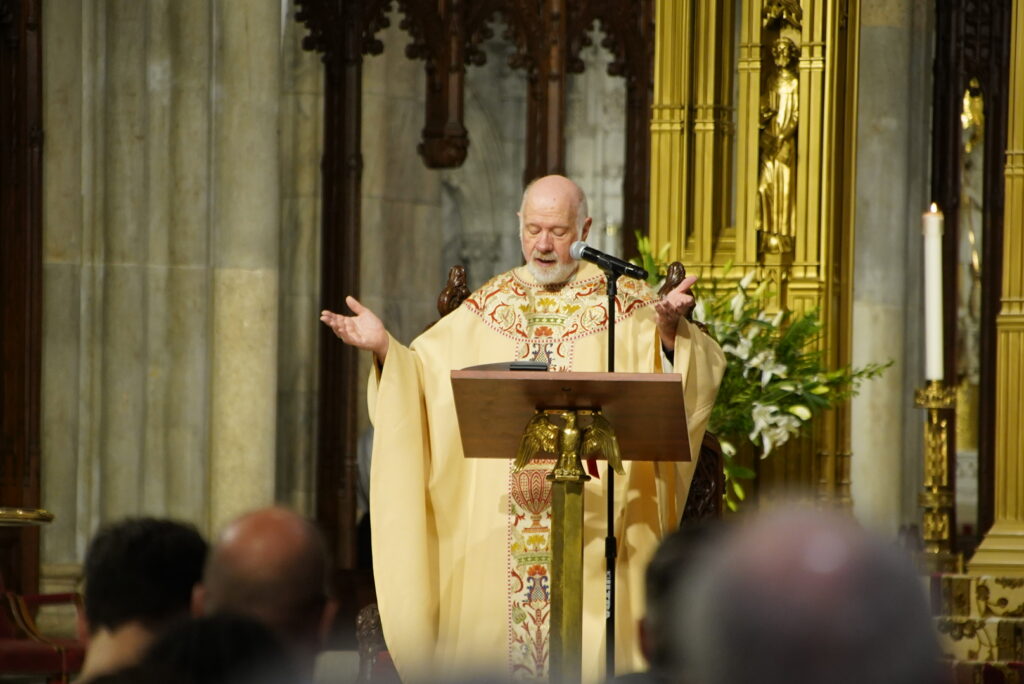 Monsignor Kevin Sullivan, executive director of Catholic Charities of the Archdiocese of New York, prays during the 2024 Labor Mass at St. Patrick's Cathedral, September 7, 2024.