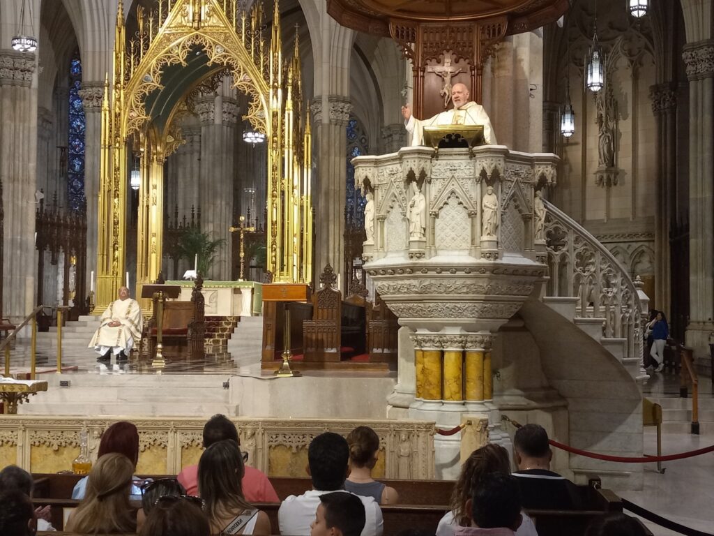 Monsignor Kevin Sullivan, executive director of Catholic Charities New York, delivers his homily from the pulpit of St. Patrick's Cathedral in Manhattan, September 15, 2024.