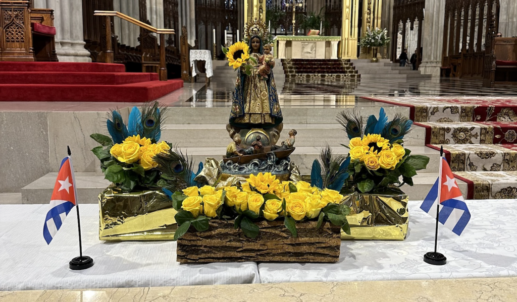 A replica of the statue of Our Lady of Charity del Cobre is displayed in front of the altar at St. Patrick's Cathedral, Sunday, September 8, 2024.