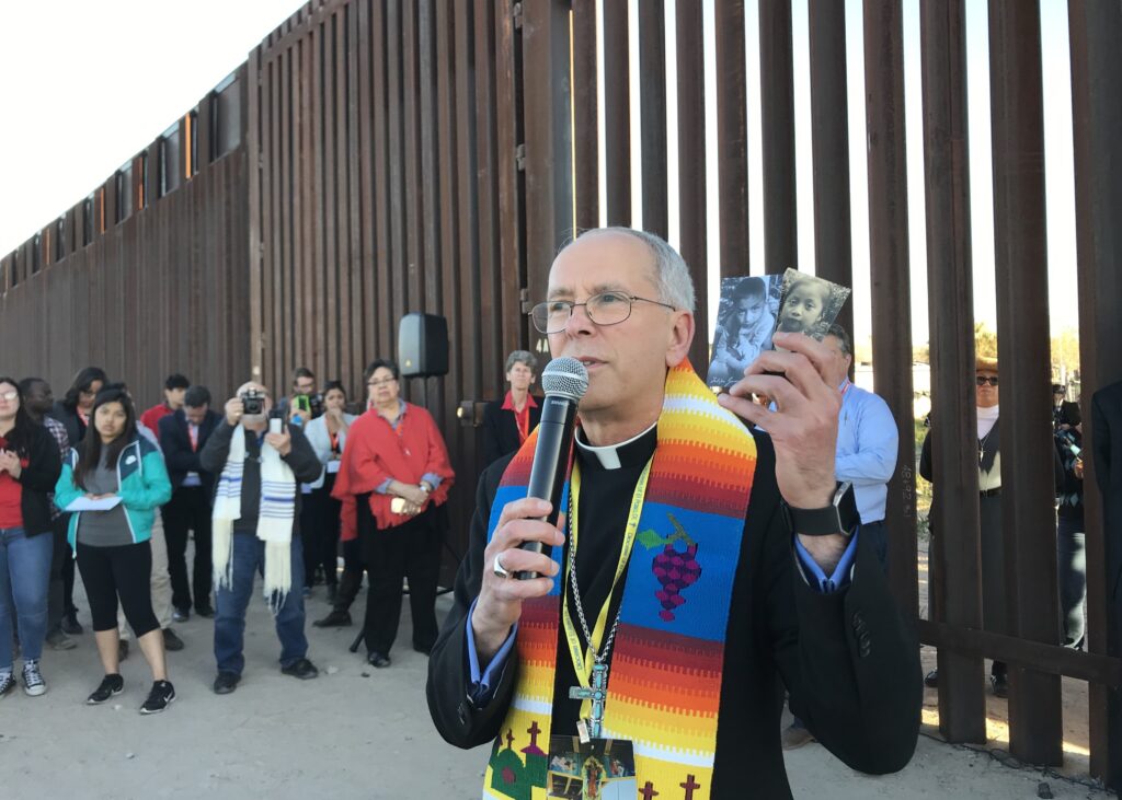 Bishop Mark J. Seitz of El Paso, Texas, is seen Feb. 26, 2019, at the U.S.-Mexico border wall.