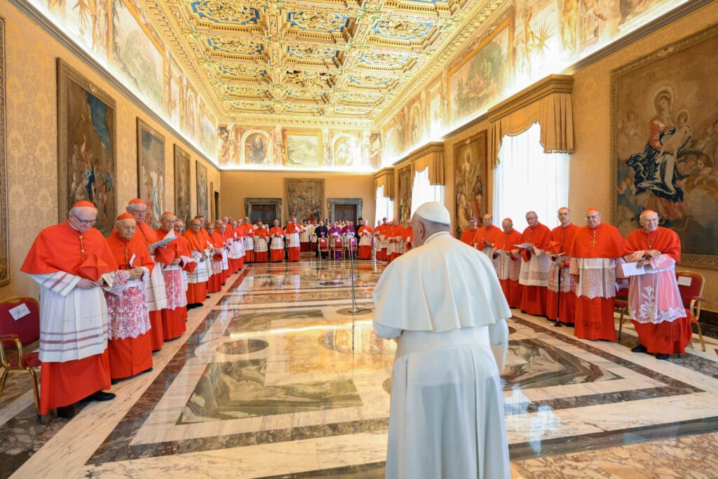 Pope Francis holds a consistory at the Vatican July 1, 2024, with cardinals living in Rome to approve the canonization of several sainthood candidates.