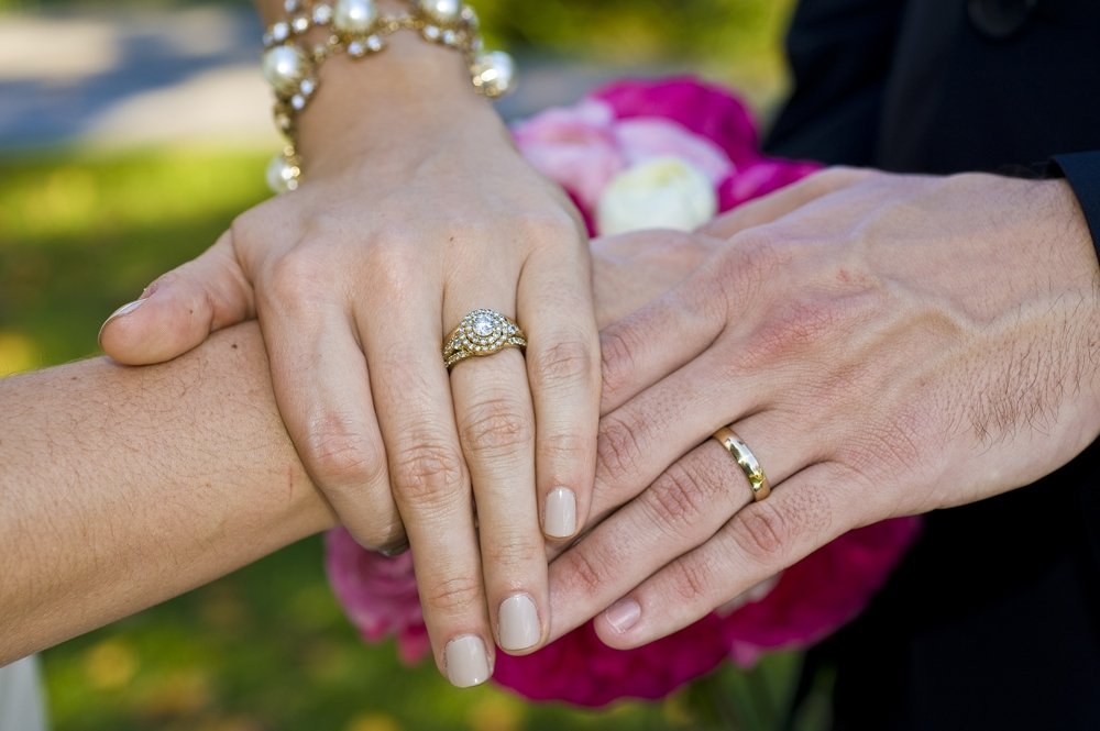 This is an illustration of a couple displaying their wedding rings.